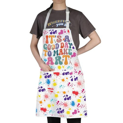WZMPA Artist Painters Apron With Pockets - It's A Good Day to Make Art - Adjustable Apron for Teacher, Lover, Student Gift - color: Make Art F White