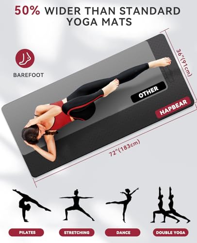 HAPBEAR Large Yoga Mat - 72"x36"x6mm (1/4 inch), Extra Wide Non-Slip Exercise Mat for Home Workout, Yoga, Pilates & Stretching, Durable, Includes Carry Bag - color: Black/Gray