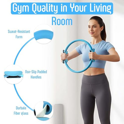 AMAVIK Pilates Kit 15-Pieces Home Workout Set with 5 Resistance Bands, Pilates Ring and Ball Set with Accessories-A Complete Pilates Set for Women to Improve Strength, Flexibility and Balance Body - color: Blue