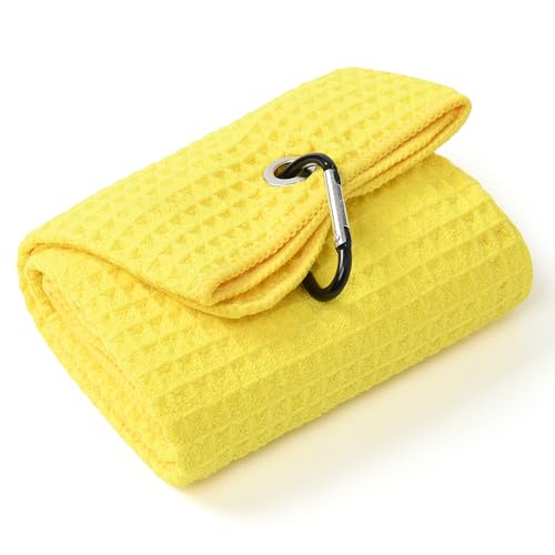Mile High Life 프리미엄 와플 위브 골프 타월 | 40.6cm X 61cm | 뛰어난 흡수력 및 빠른 건조 | 매우 부드러운 극세사 | 카라비너 클립 | 멀티 컬러 옵션 | 남성 및 여성용 골프 액세서리, 블레이징 옐로우 - color: 블레이징 옐로우., size: 16인치 X 24인치