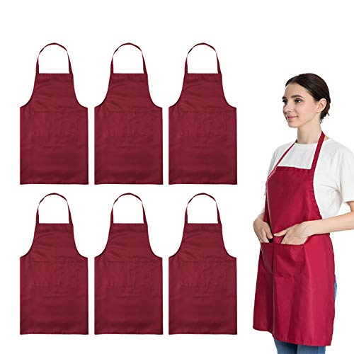 Total 6PCS Deep Red Bib Apron for Women Adult Unisex Durable Comfortable with 2 Front Pockets Washable Chef Aprons for Cooking Baking Kitchen Restaurant Crafting Painting. - color: Wine