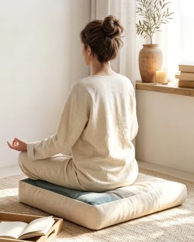 Large Floor Cushion 22x22x5", Tufted Meditation Cushion, Washable Cover - color: Beige