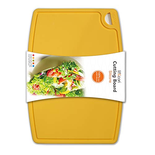 Liflicon Thick Silicone Cutting Board 12.6'' x 9.1'' Juice Grooves Easy Grip Handle Dishwasher Safe-Yellow - color: Yellow, size: 12.6"L x 9.1"W