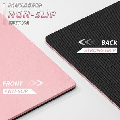 ILILI 10mm Extra Thick, TPE Yoga Mat, 76×28 Inch Extra Long, Carrying Strap - color: Pink+Black