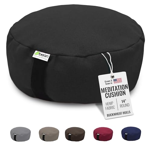 Bean Products Hemp Round Zafu Meditation Cushion, Yoga Pillow - Black | Heavy Weight Washable Hemp Cover - Buckwheat Hull Filled Inner liner - Zen Floor Sitting Cushion - 14" Diameter - color: Hemp Black, size: Round - 14"