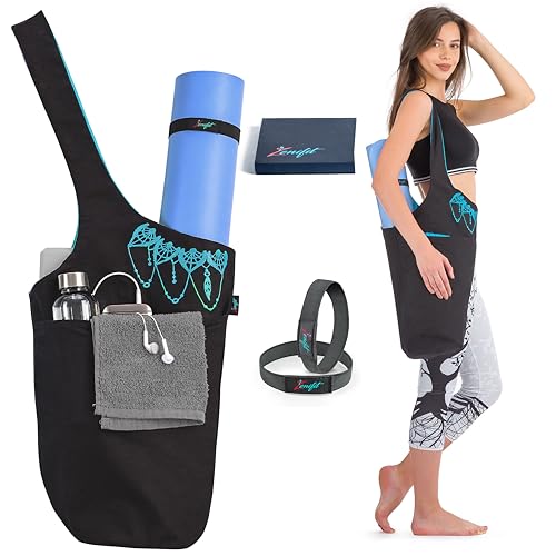 Yoga Mat Bag & Carrier with Pockets for Women | Holds yoga & pilates mats up to 72 in, Fits thick mats, Water bottle & zip pockets, 2 mat straps included, Gift-boxed - color: Black & Azure Blue