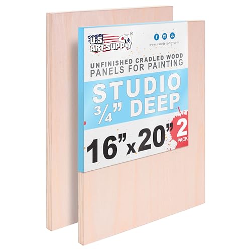 U.S. Art Supply 16" x 20" Unfinished Cradled Wood Panels for Painting | Studio 3/4" Deep, 2 Pack, Artist Depth Birch Wooden Wall Canvases - Mixed-Media Craft, Acrylic, Oil, Encaustic, Paint Pouring