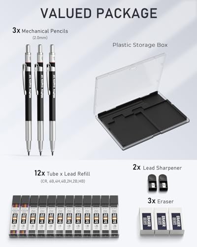 Nicpro 2mm Metal Mechanical Pencil Set with Case, 3PCS | Lead Pencil Holder 2.0 mm+144PCS Lead Refills (4H 2H HB 2B 4B 6B Color), 2mm Pencils for Drafting Writing Drawing Sketching - size: 3 Pack