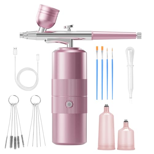 Airbrush Kit with Compressor Portable Airbrush Kit 48PSI High-Pressure Non-Clogging Air Brush Set Cordless Rechargeable with 0.3mm Nozzle and Cleaning Brush for Painting,Nail Art, Makeup (pink) - color: Pink