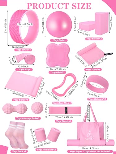 Gemscream 17 Pcs Yoga Essential Kit for Women, Pilates Equipment Starter Set for Beginners with Yoga Wheel Ball Blocks Strap Resistance Bands Wrist Rings Socks Towel & Carry Bag for Home Workouts - color: Pink