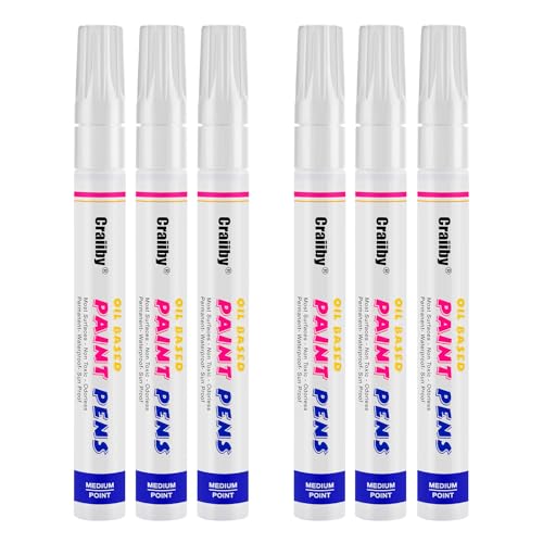 White Paint Markers, 6 Pack Oil-Based Waterproof Quick Dry Permanent Paint Pen Set for Rocks Painting, Wood, Plastic, Canvas, Glass, Mugs, Metal, Tire, Stone, DIY Craft - color: White