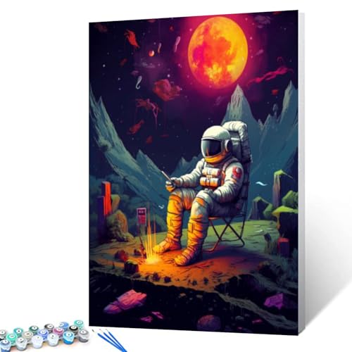 Planet Astronaut Paint by Bumbers for Adults Graffiti Island Outer Space DIY Paint by Numbers Acrylic Paint Canvas Kitchen Decor Planet Pop Art Painting Kits Pop Decor 16x20 Inch （without Frame ） - color: Astronaut 04, size: 16''x20''(DIY Frame)