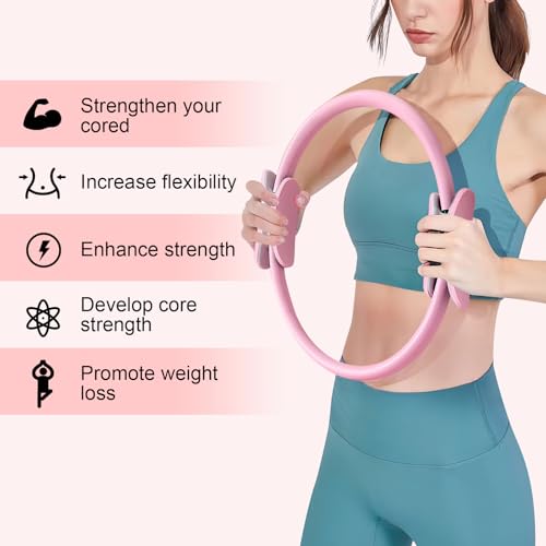 Pilates Ring 15 Inch Magic Circle Ring, Dual Padded Handles Pilates Rings Circle, Adjustable Yoga Ring - color: Pink