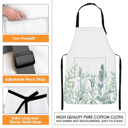 Apron with Pockets, 32x28 inch, for Women Men, Leaves Green | Floral Botanical Waterproof Adjustable Bib Aprons for Kitchen Cooking Baking Painting Gardening - color: Green Plants