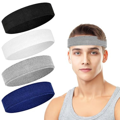 4 Pack Cotton Terry Sweat Headbands for Men Women Running Gym - color: Black/White/Gray/Blue
