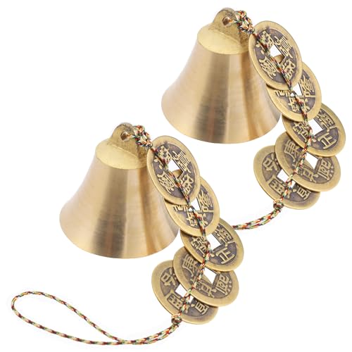 2 PCS Hanging Bells for Door, Feng Shui Coins, Chinese Feng Shui Bell Wind Chime, Brass Hanging Decor with Coins for Wealth Protection Good Luck, Indoor Outdoor Car Decor