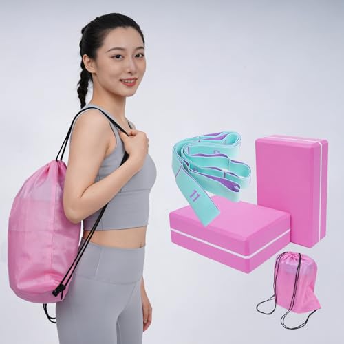 High Density Yoga Blocks 2 Pack with 11 Loops Stretch Band, 350g Non-Slip Foam Exercise Bricks for Pilates & Dance, Pink Gym Accessories with Carry Bag for Flexibility, Balance & Rehab Training - color: Pink Brick & Blue Band