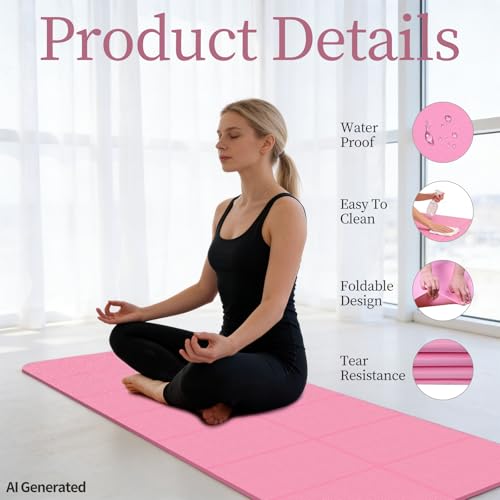 Foldable Yoga Mat with Resistance Band & Sliding Discs, 0.24" Thick Eco-Friendly TPE Non-Slip Workout Mat, Portable for Yoga, Pilates, Home Gym & Travel (72." x 24" x 0.24") - color: PInk