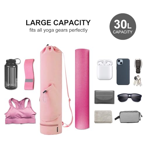 Yoga Mat Bag,Full Zip Cargo Yoga Mat Carrier Bag with Drawstring Water Bottle Pocket,Exercise Yogas Mats Carrier Holder for Women & Men - color: Pink