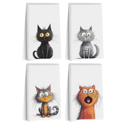 4 Pcs Funny Cat Kitchen Towels, Cute Cats Gifts Reusable Hand Towels-07 - color: Multi 1624