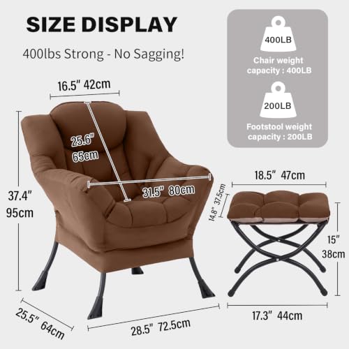 Tiita Lazy Chair with Ottoman, Comfy Reading Accent Chair, Brown | Foldable Footrest, Padded Seat and Backrest, Side Pocket for Lounging in Living Rooms, Bedrooms, Dorms and Small Spaces - color: Peach Skin Brown
