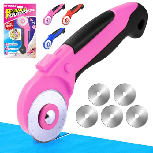 DIYSELF 45mm Fabric Cutter, Rotary Cutter for Fabric with 5 Extra Blades | Ergonomic Handle, Rolling Cutter for Fabric and Leather, Wheel Cutter Sewing Tool for Quilting, Crafts and Ambidextrous Use - color: Pink