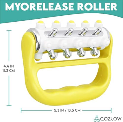 MyoRelease Lymphatic Drainage Massager - Yellow - Handheld Massage Roller | Cozlow - fascia release massage tool for shoulder, neck, belly, thigh, leg, back, glutes - helps reduce cellulite appearance - color: Yellow