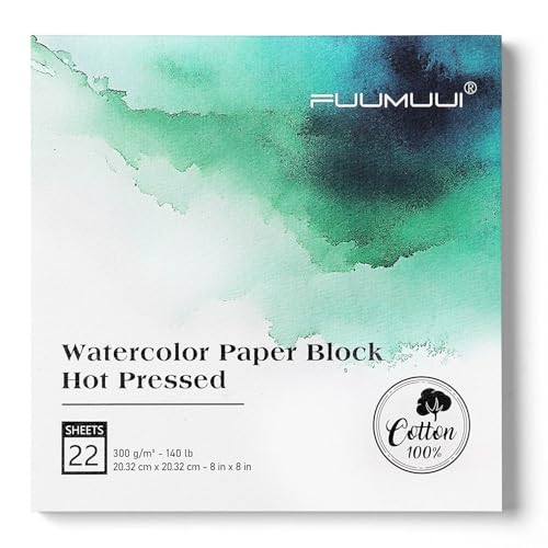 Fuumuui Watercolor Paper Block 8x8 Inch, Smooth Surface 100% Cotton Watercolor Paper, 22 Sheets, 140lb/300gsm, Hot Press, Acid-Free, Art Paper for Painting & Drawing, Wet, Mixed Media - color: Hot Press, size: 8“×8”