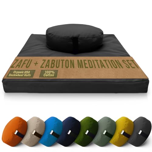 Bean Products Meditation Cushion Mat Set - Zafu Floor Pillow Organic Buckwheat Pillow + Cotton Filled Zabuton Prayer Pad - Meditation Pillow Yoga Knee Pad - Made in USA - 14" Round or 18" Oval - color: Black - 10oz Cotton Canvas, size: Oval Combo
