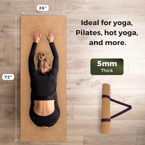 U&M Cork Yoga Mat Non-Slip, Resists Sweat and Odors Exercise Mat with Carrying Strap for Hot Yoga, Pilates, Floor & Fitness Workouts, Fitness Mats Non-Slip Natural Rubber Base & Cork Mat (72'' x 26'' x 5mm Thick) - color: flower