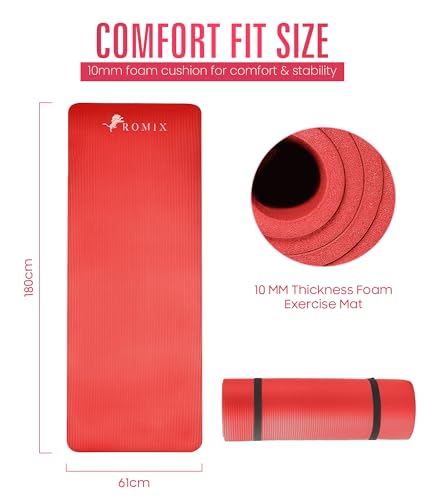ROMIX Yoga Mat Thick 10Mm, Non-Slip Exercise Mat, 72 X 24 In, NBR - color: Red