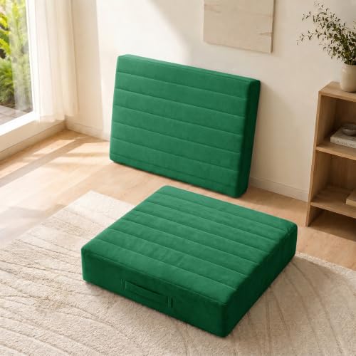 JKMAX 2 Pcs High Density Foam Floor Pillow - Upgraded Large Pillows Seating for Adults - Outdoor Floor Cushion with Soft Tufted Cover - Yoga Pillows for Sitting On Floor - 22 Inch Green - color: Green, size: 2 Counts