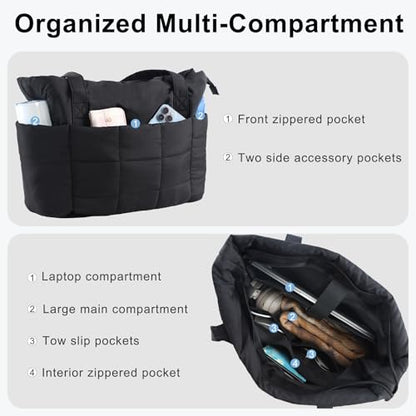 U+U Puffer Tote Bag for Women, Quilted Work Tote with Compartments | Work-to-Travel Design with Yoga Mat Strap - color: Black