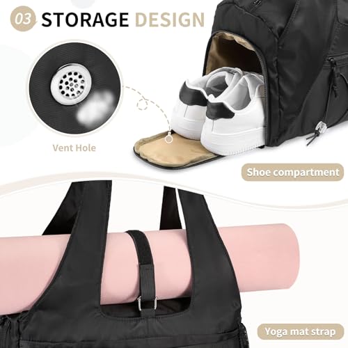 Small Gym Bag for Women with Shoe Compartment 35L, Black - color: Black