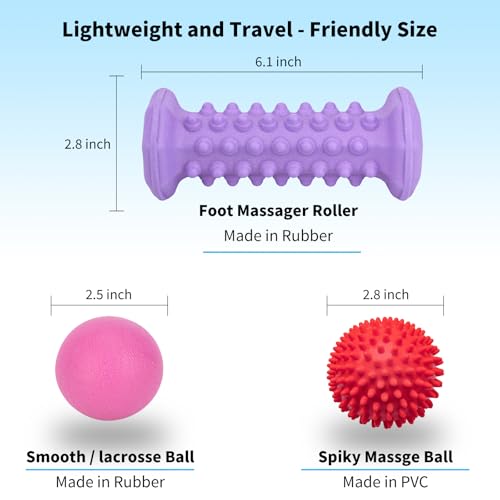 Purple Foot Massager Roller for Plantar Fasciitis, Arch & Heel Pain Relief | Includes Foot Roller, lacrosse and spiky massage balls for deep tissue trigger point muscle therapy and neuropathy relief - color: Purple Combination