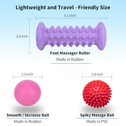 Purple Foot Massager Roller for Plantar Fasciitis, Arch & Heel Pain Relief | Includes Foot Roller, lacrosse and spiky massage balls for deep tissue trigger point muscle therapy and neuropathy relief - color: Purple Combination