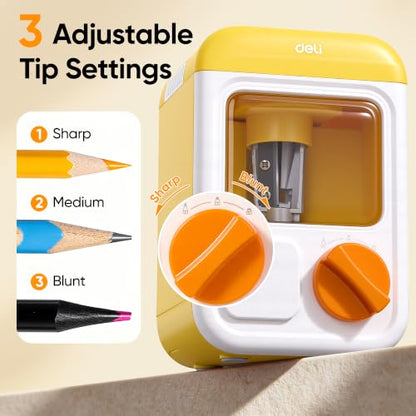 deli Electric Sharpener, Battery Powered, 3 Sizes for 6.5–8mm Pencil - color: Yellow