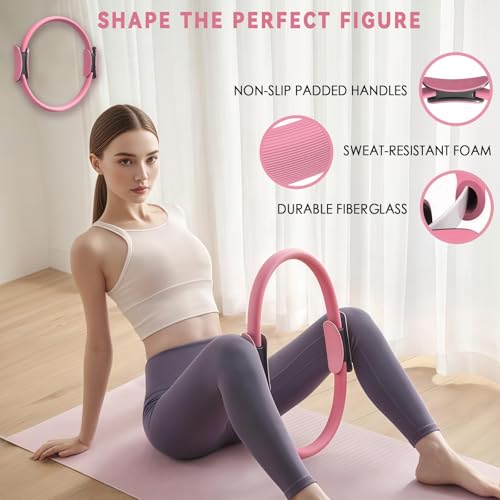 Pilates Ring Circle Set for Women, 17 Pcs Yoga Equipment Sets, with 14'' Yoga Ring, Massage Ball, Resistance Bands, Hip Thrust Belt, Hair Band, Anti Slip Socks for Legs Arms and Thighs - color: Pink