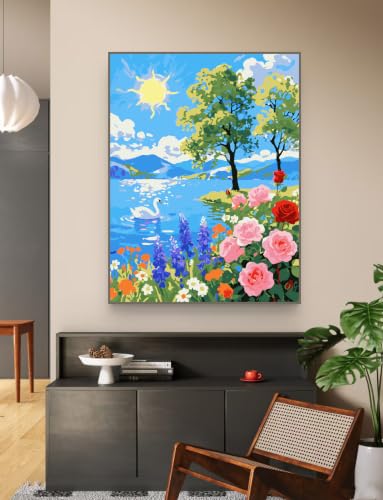 ZRIZQ Paint by Numbers Kit for Adults Beginner,Summer Landscape,16x20 | Full set with rich paints,wooden brushes,rolled canvas.Calming activity.Beginner friendly.Just open and paint. - color: 16"X20"Rolled Canvas-Summer Landscape