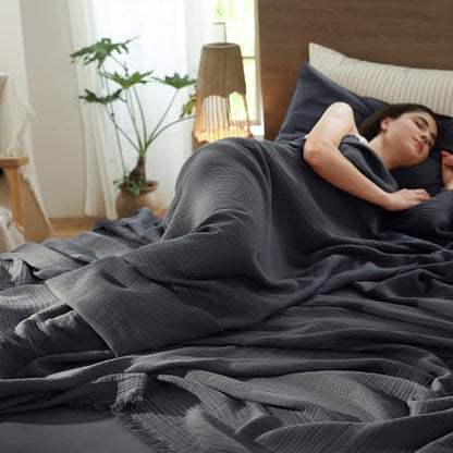 MooMee 100% Cotton Muslin Blanket, Fringed 4-Layer Gauze Bed Couch Throw - color: Dark Grey, size: Throw XL