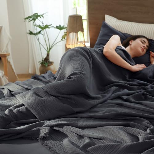 MooMee 100% Cotton Muslin Blanket, Fringed 4-Layer Gauze Bed Couch Throw - color: Dark Grey, size: Twin XL