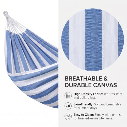 Canvas Hammock 122" Long X 59" Wide 2 Person Hammock 440 pounds Maximum Weight Applicable Scenes in Courtyard Autumn, Indoor Hanging Chairs, Beach Leisure (Blue White, Full) - color: Blue White, size: Full