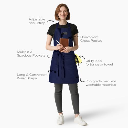 Unisex Apron with Pockets for Cooking, Salon & Art - 100% Cotton Adult Kitchen, Chef, Stylist Apron (Blue) - color: Blue