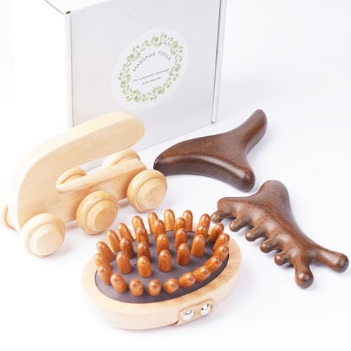 EULOGIST 4Pcs Wood Therapy Massage Tools Lymphatic Drainage Massager Wooden Massager Body Sculpting Tools for Body gua sha,Anti-Cellulite,Pain Relief