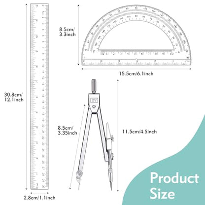 3 Pcs Clear Protractor and Compasses Set, Plastic Clear Ruler 12 Inch | Professional Geometry Set, 6 Inch Protractor ,Durable Transparent Drawing Measuring Rulers for School Office