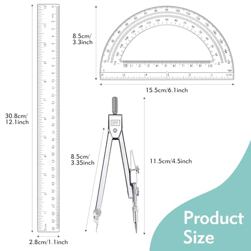 3 Pcs Clear Protractor and Compasses Set, Plastic Clear Ruler 12 Inch | Professional Geometry Set, 6 Inch Protractor ,Durable Transparent Drawing Measuring Rulers for School Office