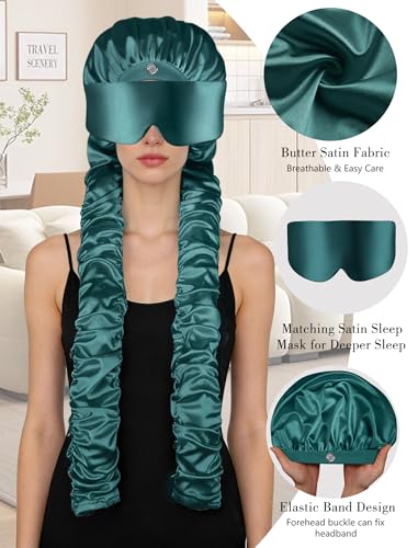 Satin Bonnet for Sleeping with Eye Mask，No Slip Sleep Bonnet with Long Curling Ribbons for Braids & Long Hair - color: Green