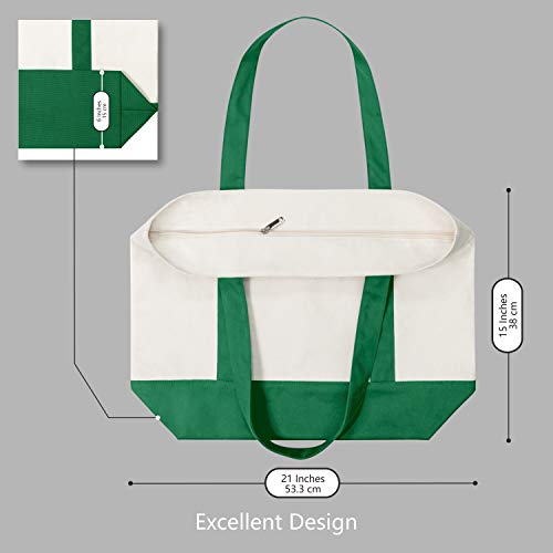 TOPDesign 1-Pack Canvas Tote Bag with an External Pocket, Reusable Grocery Shopping Bag, Top Zipper Closure, Daily Essentials (Green/Natural) - color: Green/Natural