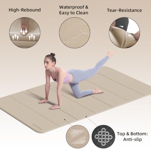 PAIDU Foldable Yoga Mat 10MM Thick 75‘’x40‘“ Quick Fold Easy Storage - color: Beige+Black