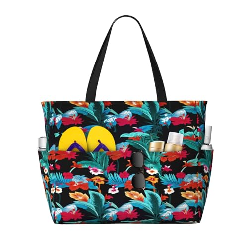 Large Beach Bag for Women Waterproof Foldable Travel Shoulder Tote Bag with Pocket for Weekender Pool Vacation - color: Tropical Black